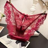 女士性感中低腰时尚 水钻装 饰后镂空蝴蝶结三角裤 轻奢蕾丝内裤 底裤