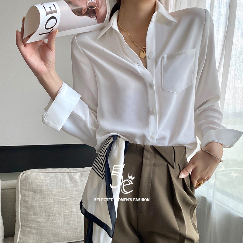 5e雪纺白衬衫女长袖白色设计感小众衬衣精致轻奢雪纺衫冷淡风上衣