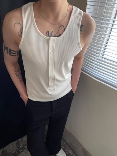 MION 极简派对 夏季薄款亨利领背心设计感坑条无袖马甲纯色男女