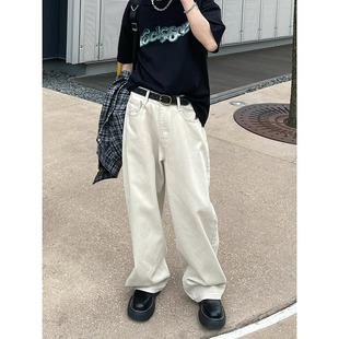 四季基础款美式纯色休闲长裤男宽松阔腿韩版简约复古直筒牛仔裤潮