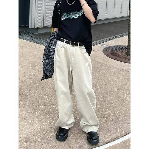 四季基础款美式纯色休闲长裤男宽松阔腿韩版简约复古直筒牛仔裤潮