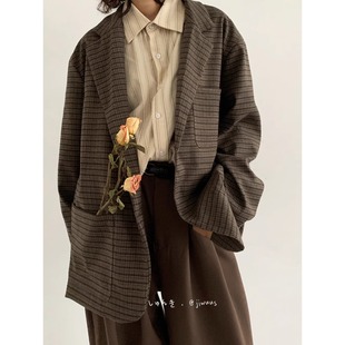 2024新品秋日系复古细格纹西服男女生宽松小众设计小西装休闲外套