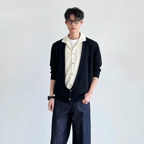 ▲老钱风假两件高领针织开衫男▲