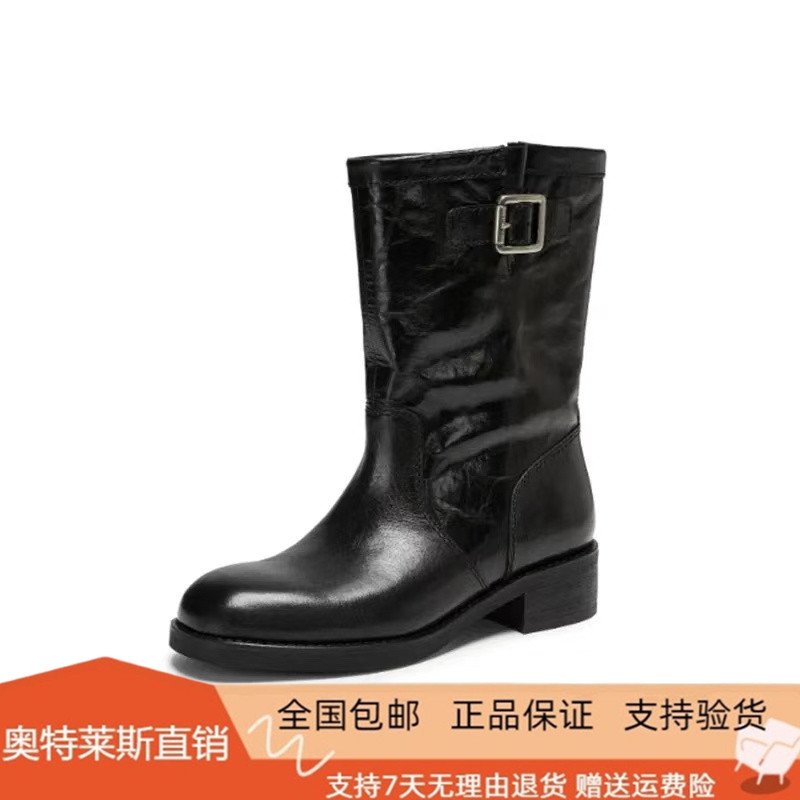 商场同款2026冬款黑胶乐曲工装靴机车靴时装靴皮靴女靴子EKX01DS6
