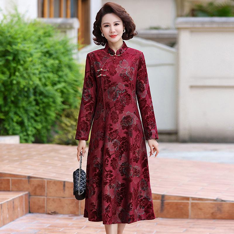 中式套头中老年妈妈装中长连衣裙