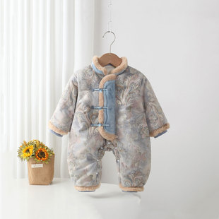 婴儿冬季加厚棉服男宝外穿哈衣百天宝宝连体衣冬装外出服复古棉衣