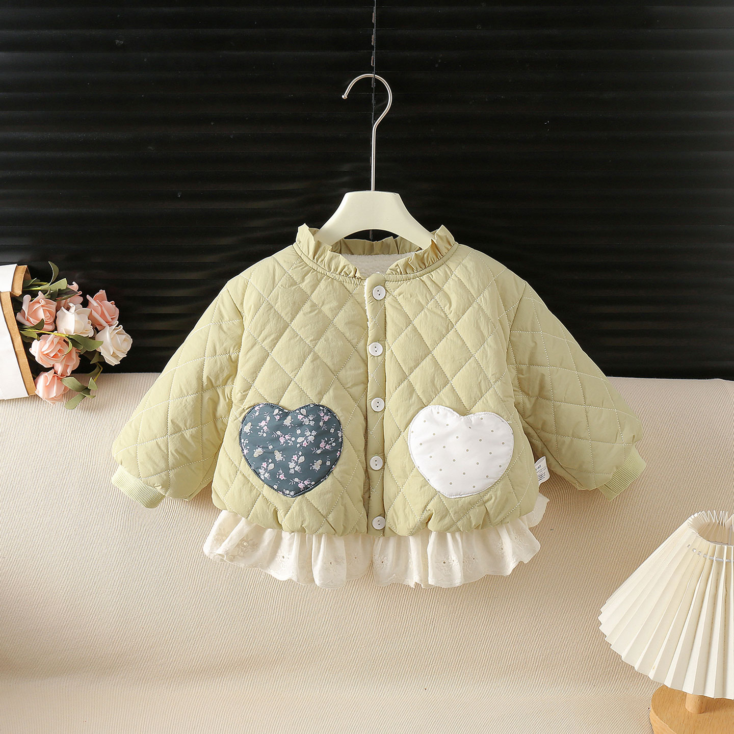 棉服女童秋冬款立领前开夹棉保暖宝宝衣服冬季加绒爱心口袋薄棉袄