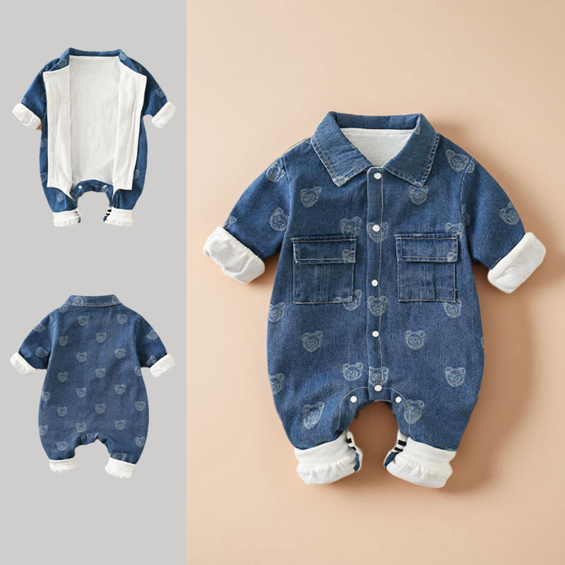 宝宝连体衣秋装牛仔双层可爱a类6-12月婴儿衣服秋冬外穿男宝哈衣