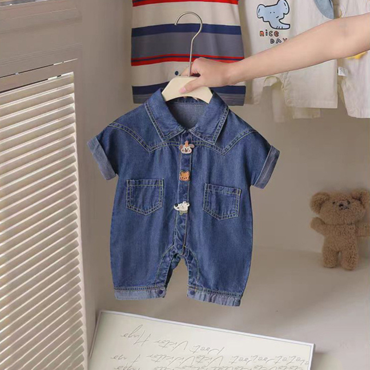 婴儿夏季薄款牛仔短袖连体衣外出服宝宝衣服夏装前开扣哈衣短爬服