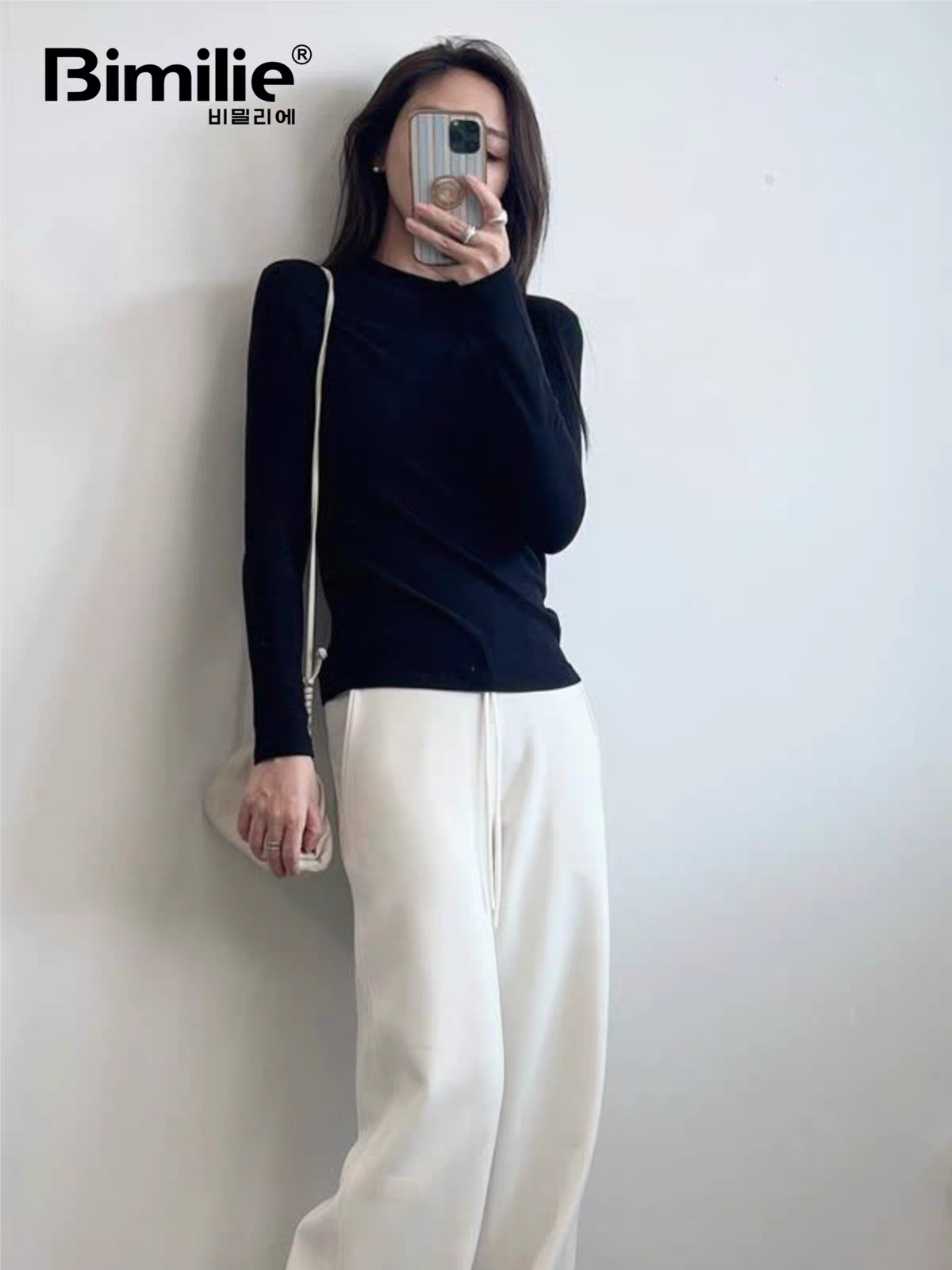 Bimilie莱赛尔羊毛小立领打底衫女2026秋冬新款高弹黑白色长袖T恤