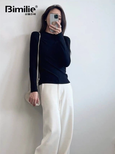 Bimilie莱赛尔羊毛小立领打底衫女2026秋冬新款高弹黑白色长袖T恤