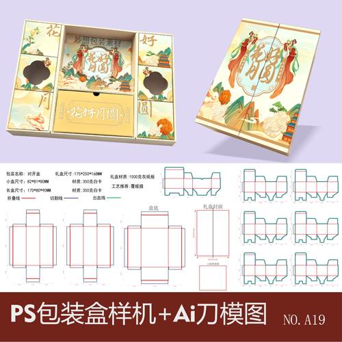 对开盒双开礼盒创意翻盖纸盒刀版图带尺寸标注VI贴图样机模板PSD