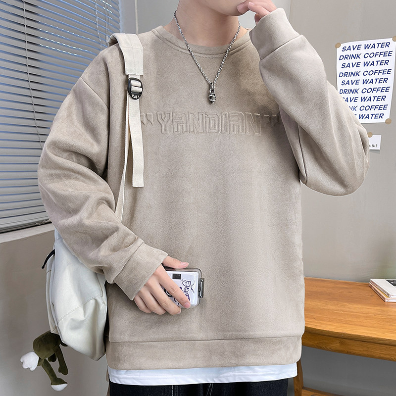 W323/p38日系复古麂皮绒圆领卫衣2024春季男宽松假两件套头T恤衫,男装卫衣,星座223-3（原星座201-3）