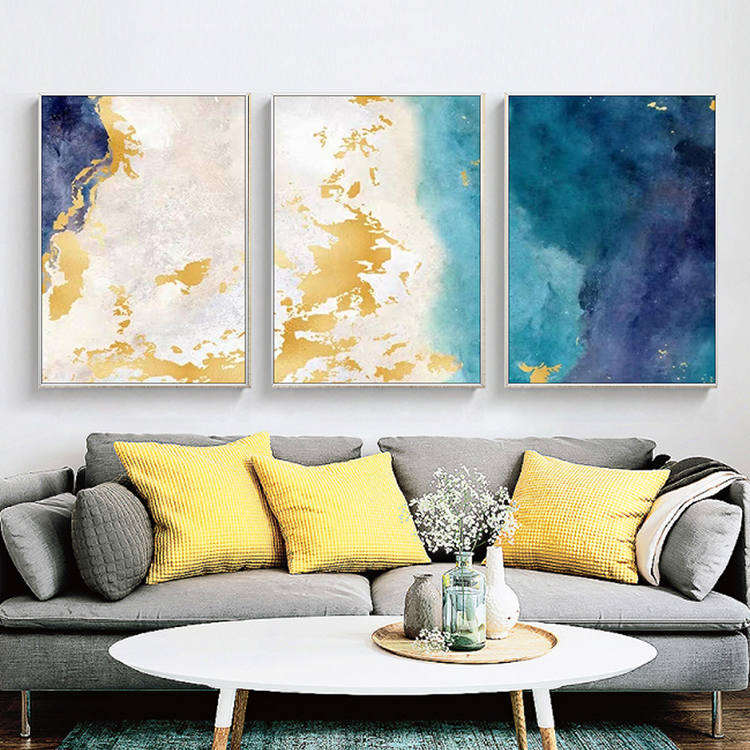 手绘抽象美式三联客厅玄关金色油画