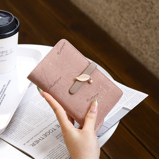 新款女士中长款钱包可爱叶子多卡位两折印花搭扣拉链手拿包钱夹pu