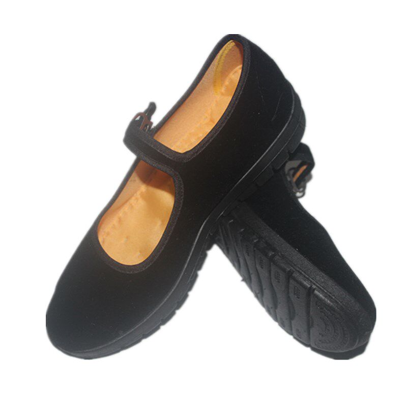 特价方口红色黑色平绒女布鞋一字扣带工作鞋平底妈妈舞蹈鞋老婆鞋