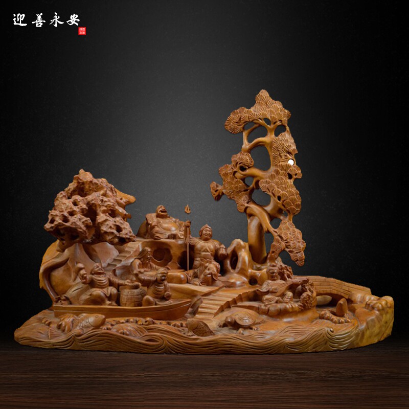 日本七福神惠比寿大黑天毗沙门天寿老人福禄寿辩才天布袋木雕摆件