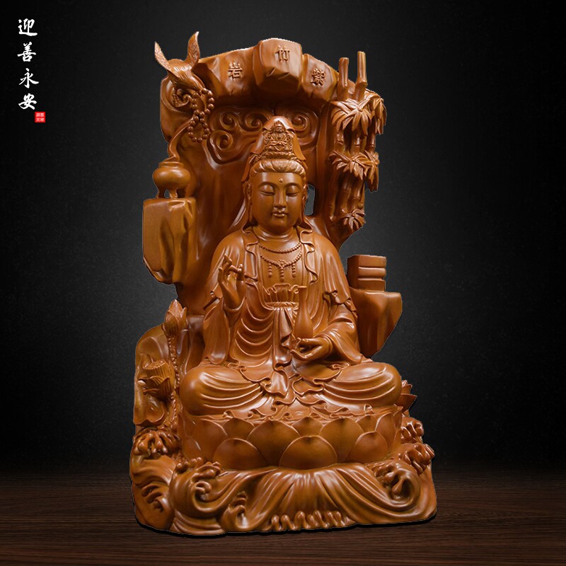 迎善永安紫竹林观音菩萨香樟木观世音定制造像家用彩绘工艺品摆件