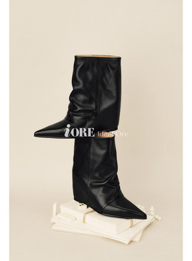 IORE理想矿石设计师原创 结构的张力 尖头堆皱结构线坡跟高跟短靴