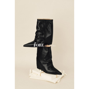 尖头堆皱结构线坡跟高跟短靴 张力 IORE理想矿石设计师原创 结构