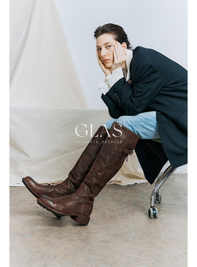 GLAS设计师原创 显瘦显腿长水洗马腰皮后拉链扣带低跟过膝长靴