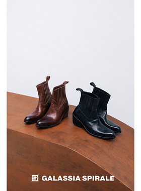 GLAS理想矿石设计师原创工匠系列别具风格水洗马皮中粗跟西部短靴