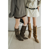 扣带牛反绒细高跟裤 IORE理想矿石设计原创 几何锋锐感 筒靴及膝靴