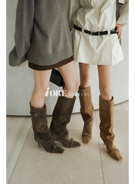 IORE理想矿石设计原创 几何锋锐感 扣带牛反绒细高跟裤筒靴及膝靴