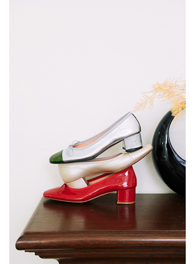 IORE理想矿石设计师 法式气质蝴蝶结皱牛油皮圆头中跟芭蕾鞋单鞋