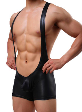 潮男前卫性感黑色仿皮连体衣柔软舒适中弹修身连身短裤夜店舞台装