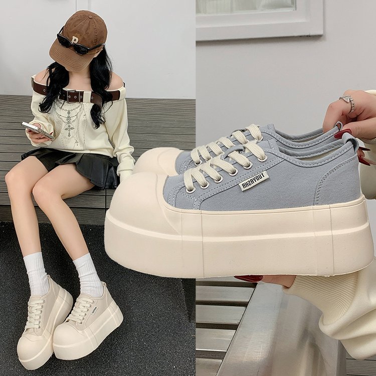 大头厚底帆布鞋女增高松糕底丑萌圆头百搭软底不累脚休闲学生板鞋