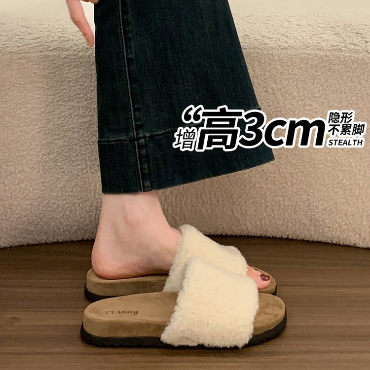 泰迪毛绒一字拖女秋冬勃肯厚底慵懒风外穿保暖居家休闲毛毛凉拖鞋