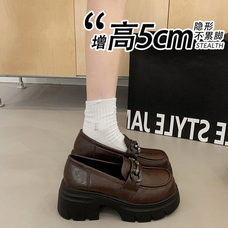马衔扣厚底乐福鞋女圆头油蜡皮粗跟复古美拉德学院风增高小皮鞋女