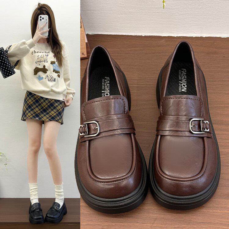金属方扣厚底乐福鞋女春秋复古英伦小皮鞋粗跟百搭一脚蹬通勤单鞋