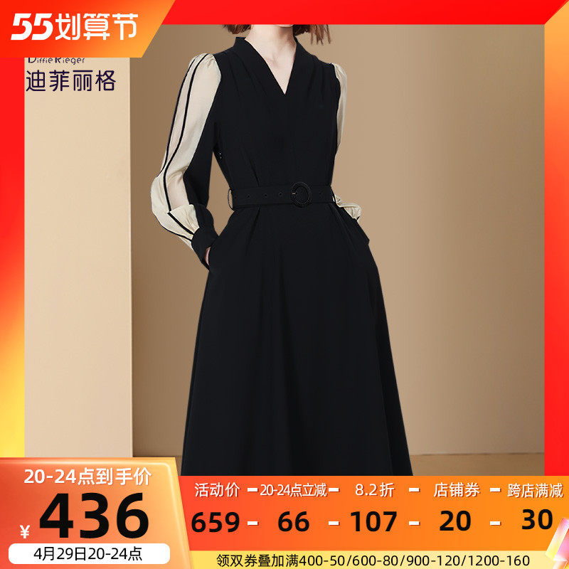 迪菲丽格春季长袖连衣裙女黑色V领中长裙子2022新款气质收腰A字裙