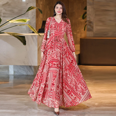 2025年春秋冬新款优雅长袖大摆沙滩裙印花连衣裙显瘦长裙雪纺裙子