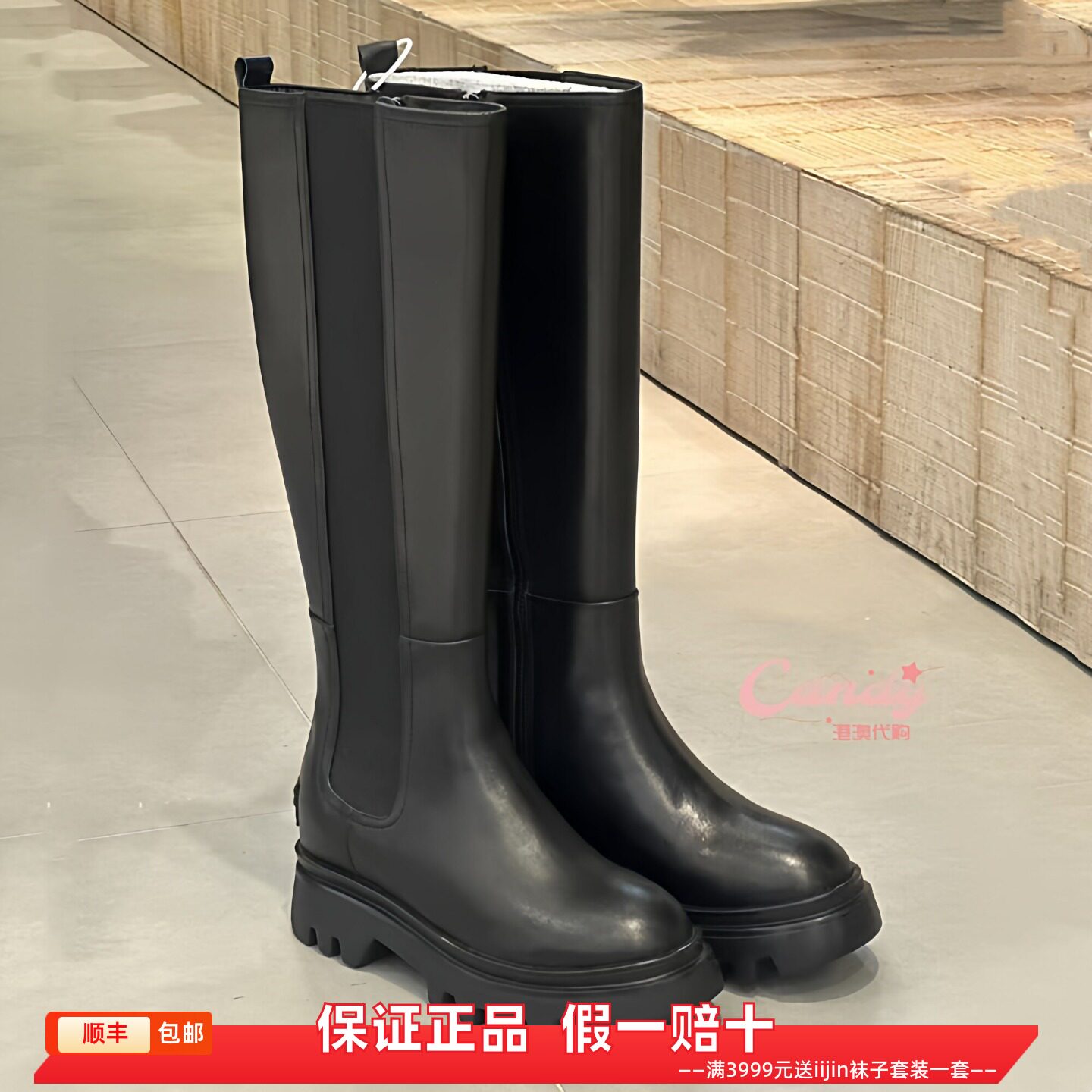 香港代购iijin艾今正品超轻真皮内增高8cm厚底加绒切尔西骑士长靴