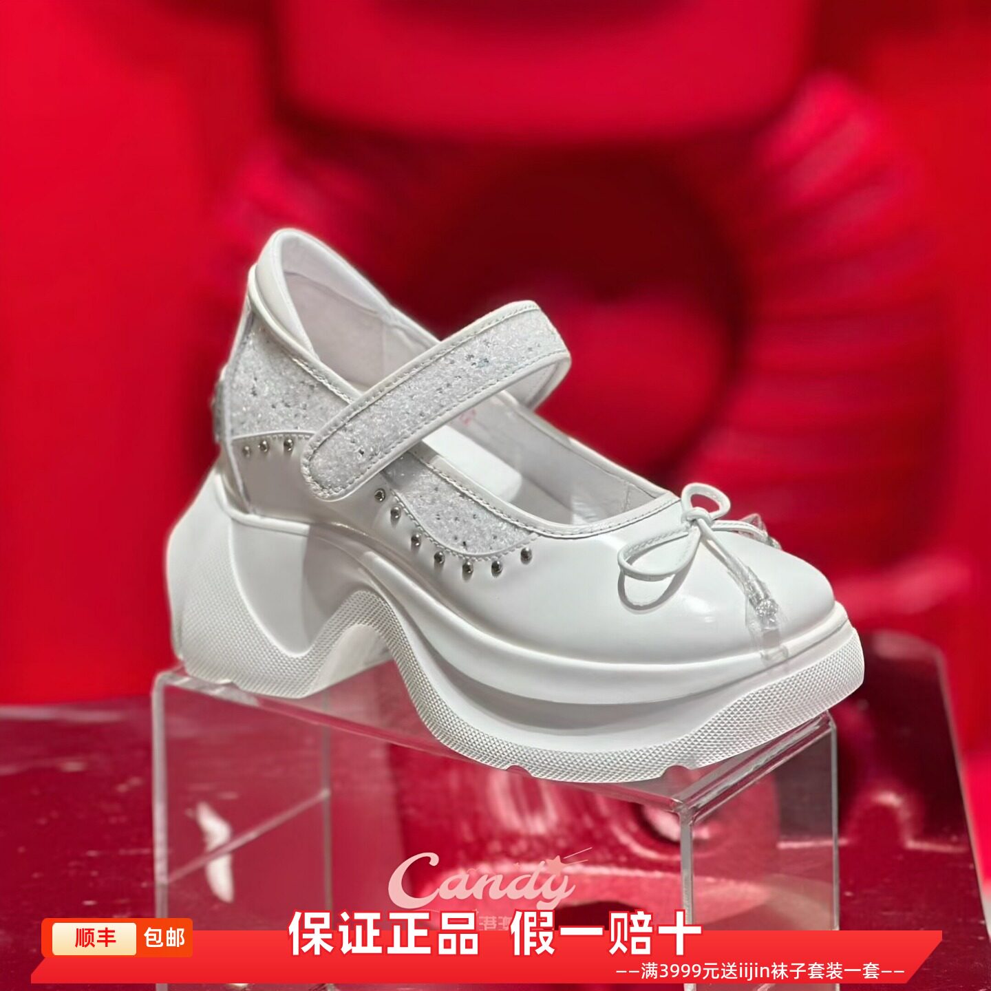 香港代购iijin艾今正品超轻闪粉蝴蝶结内增高9.5cm厚底玛丽珍凉鞋
