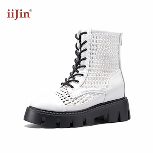 香港代购 2025超轻镂空编织内增高9cm厚底马丁短靴女 iijin艾今正品