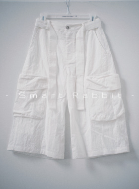 Smart rabbit |夏日限定｜白色工装口袋轻薄起皱休闲宽松七分裤女