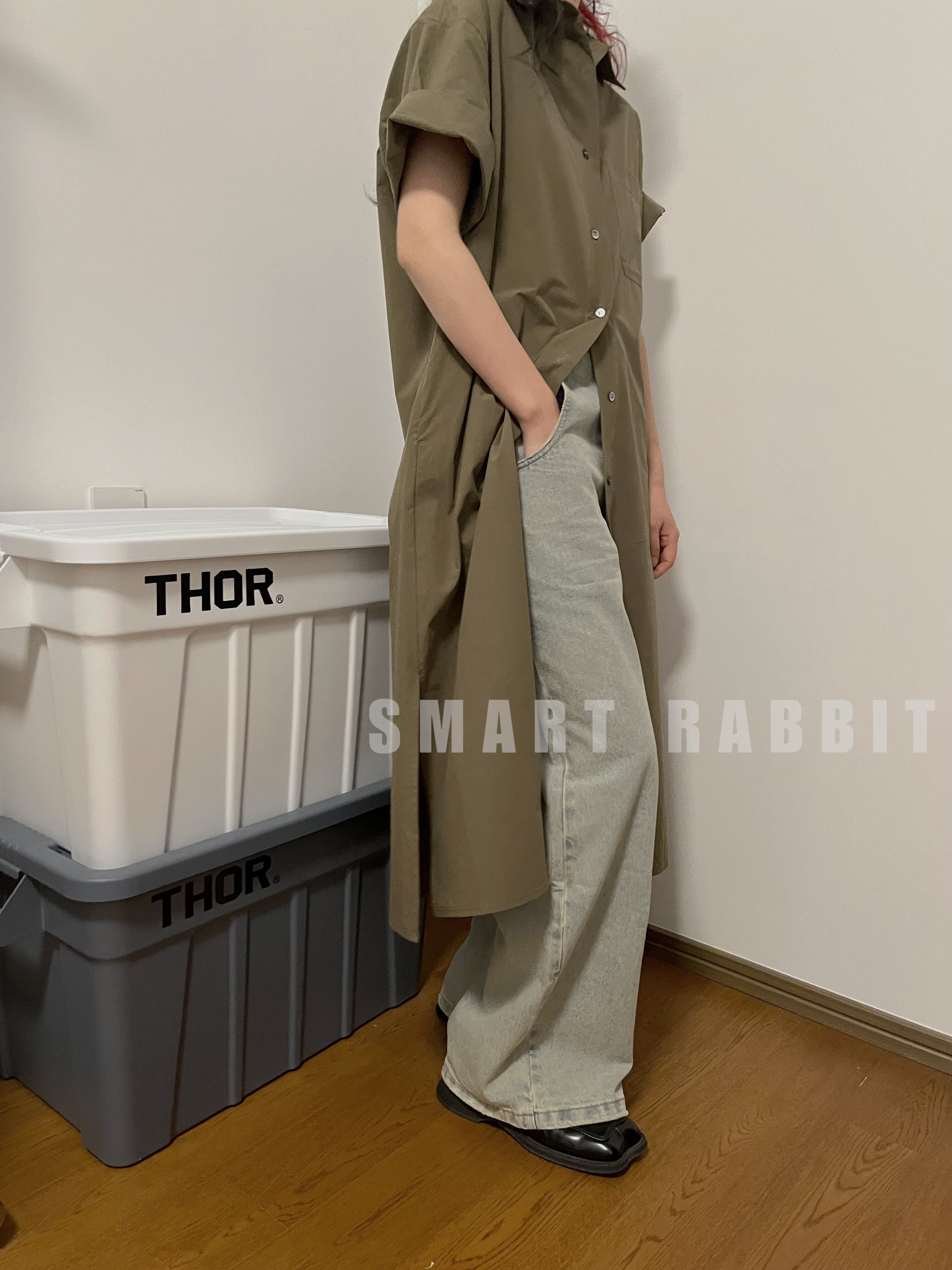 Smart Rabbit |慵懒周末｜军绿色宽松慵懒加长版衬衫裙