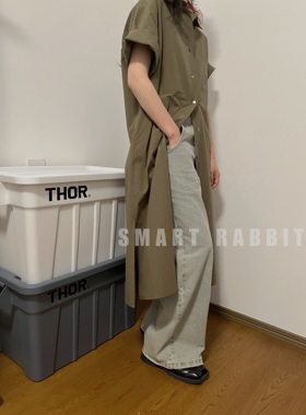 Smart Rabbit |慵懒周末｜军绿色宽松慵懒加长版衬衫裙