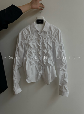 Smart rabbit 打揽抽皱设计感修身白色棉布长袖翻领上衣衬衫女