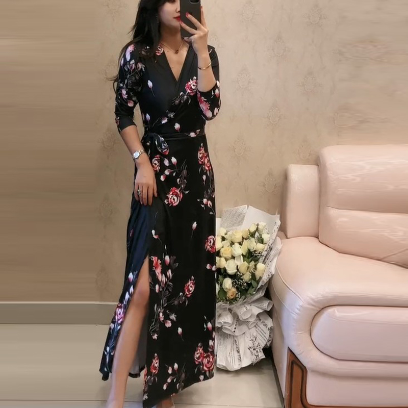 小清新收腰显瘦长款碎花裹身裙