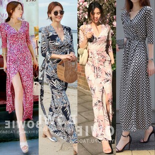 波西米亚沙滩裙女显瘦碎花气质连衣裙女夏新款 超仙海边度假裹身裙