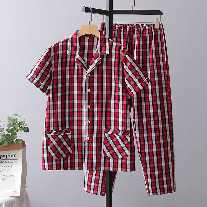 夏季纯棉老粗布宽松男短袖格子睡衣女韩版外穿休闲全棉家居服套装
