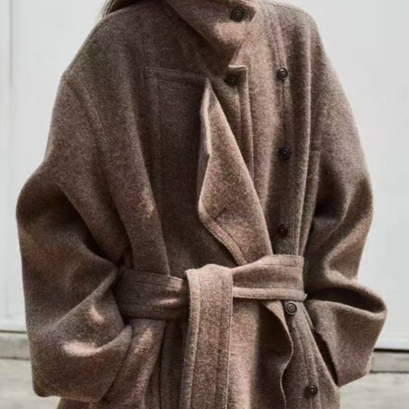 外贸原单   商场同款女士RE*双层宽门襟廓形腰带短款呢大衣小个子