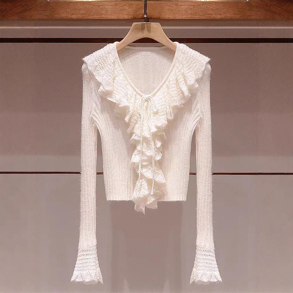 26春韩风chic上衣贵新款小香风荷叶边蝴蝶结长袖针织衫女卓雅风