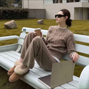 秋冬老钱风羊绒套装毛衣女圆领宽松保暖显瘦绞花濮院针织衫LP系列