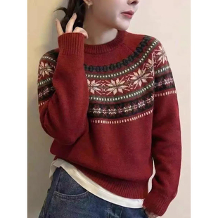 撞色费尔岛风提花新年红色毛衣女上衣圆领套头针织衫百搭保暖内搭